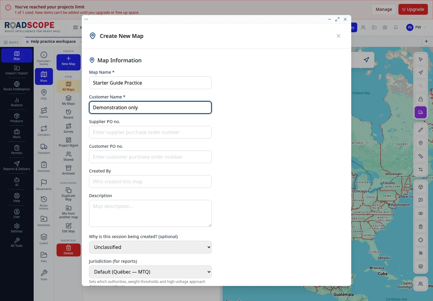 Create New Map form containing the required map and customer names.