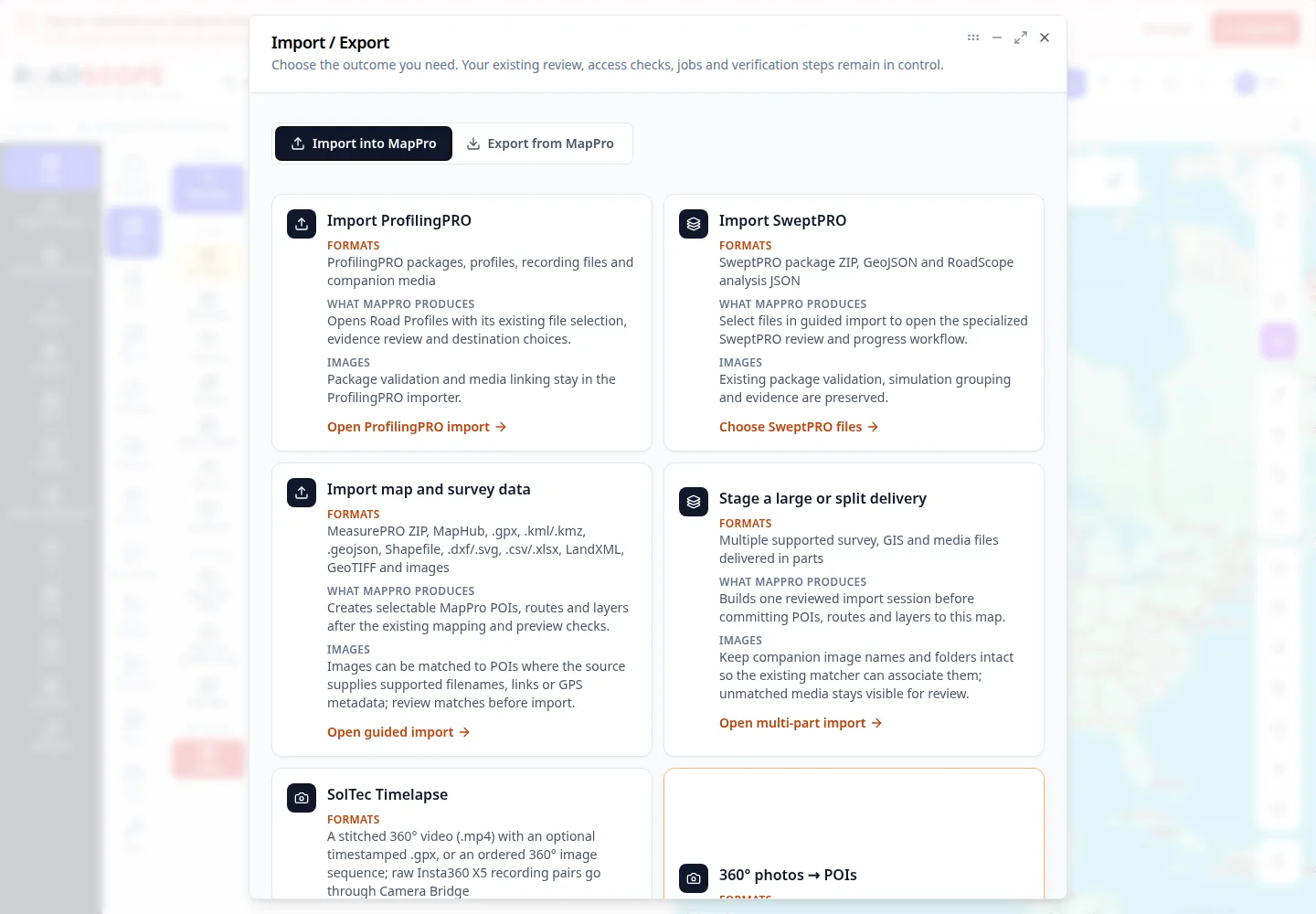 Import / Export window with the Import map and survey data card.